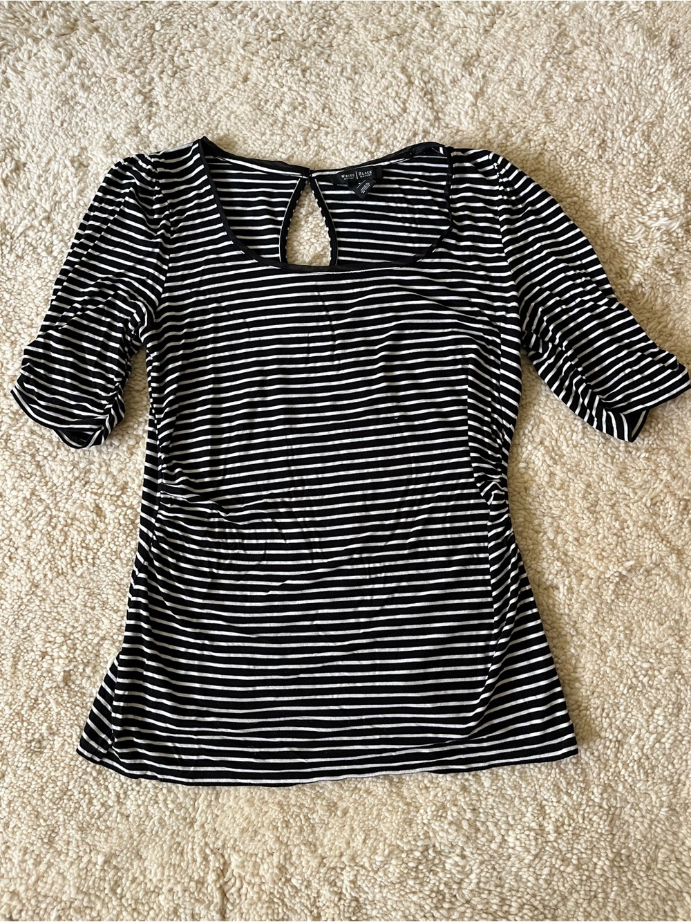 White House Black Market Bl/White Striped Short Sleeve Tee Sz L Rusched Sides